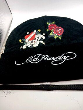 Ed Hardy Love Kills Slowly Black Beanie With Roses + Skull